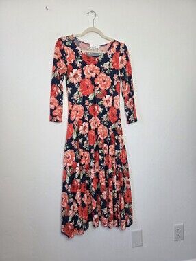 Sign Here Bright Red Floral Swing Midi Dress Jersey Modest Teacher Comfy Small